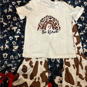 Girls Size 110(5years) White 'Be Kind' T-Shirt and Brown Cow Print Pants Set